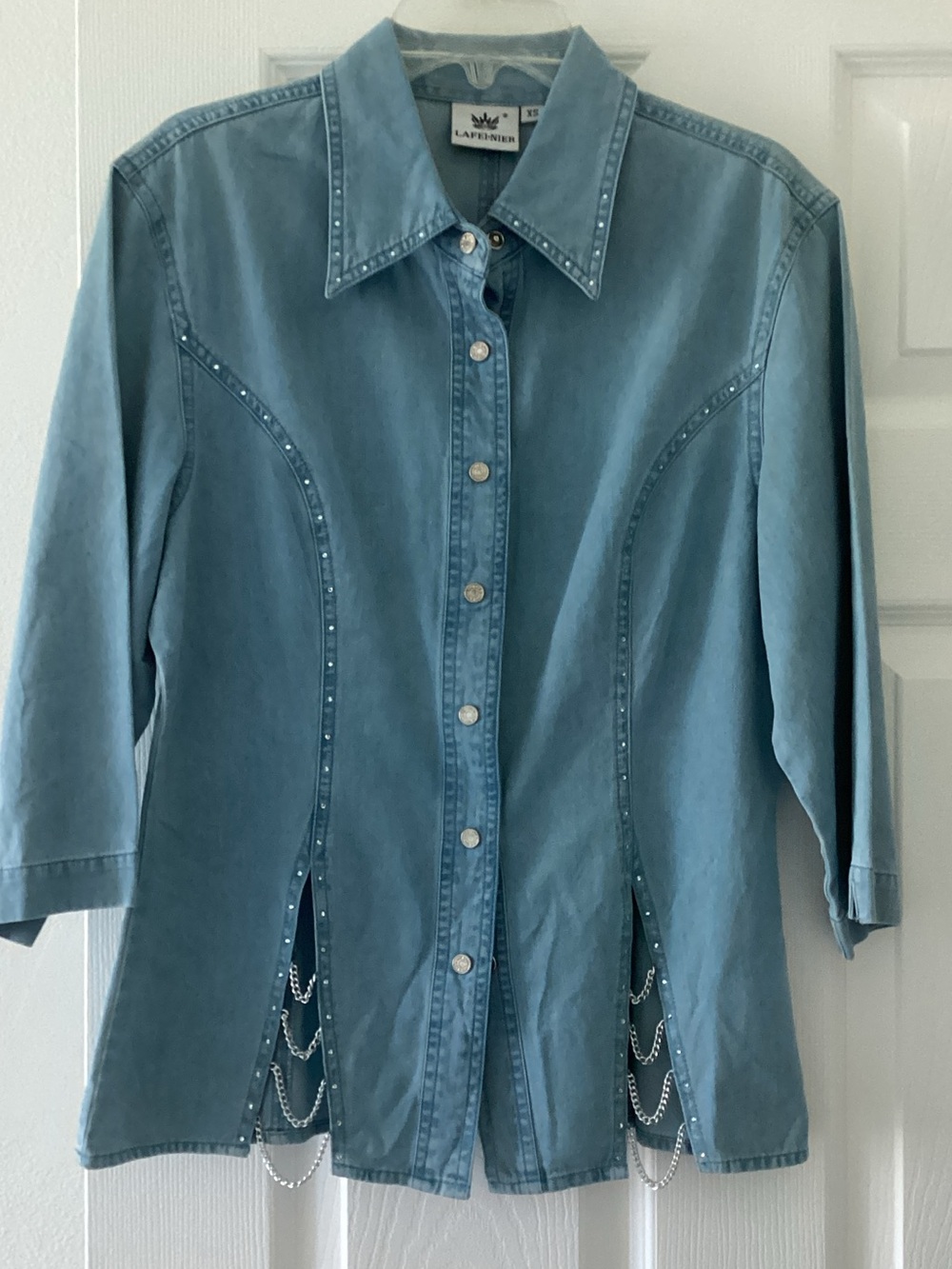 Light Blue Denim Button-Down Shirt with Chain Trim